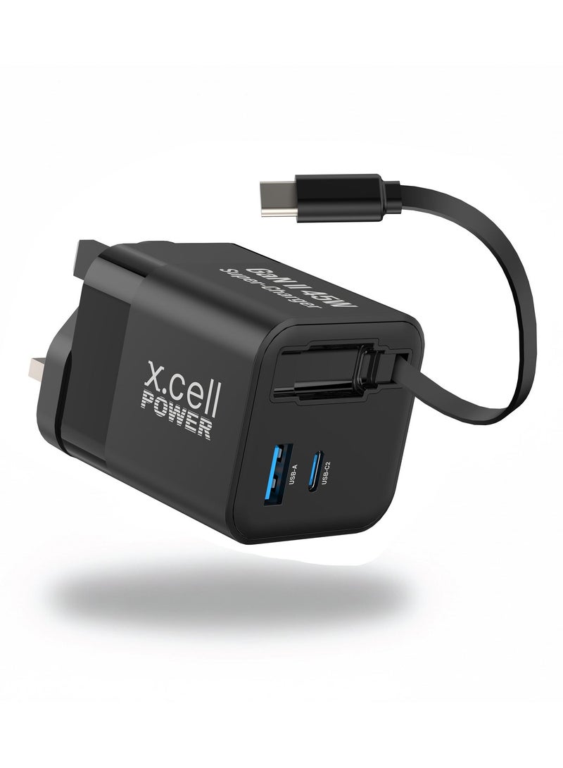 Xcell 45W GaN II USB-C Fast Charger with 65cm Retractable Cable, 3-Port Fast Charging (2 USB-C PD + USB-A QC 3.0), PPS Support, Compact Wall Charger for iPhone 16/17, Samsung & USB-C Devices, Black - Image 1